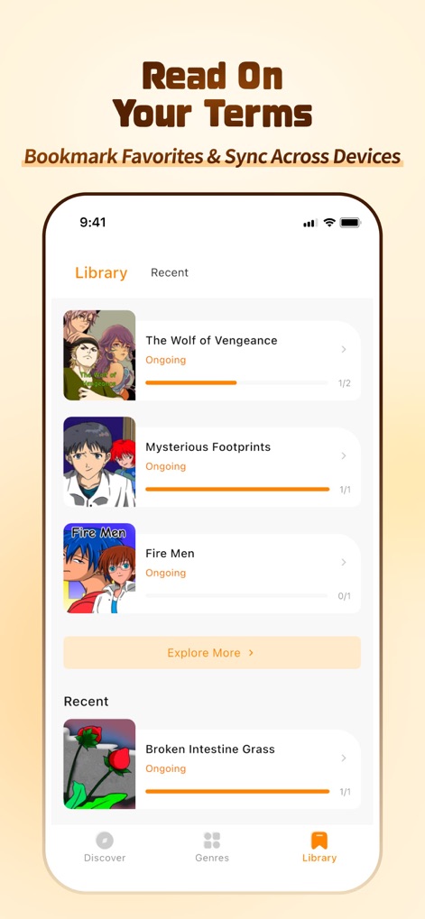 QToon & Manhwa - Users can effortlessly manage their ongoing series within the Library tab, where each comic entry features a clear progress bar and resume options.