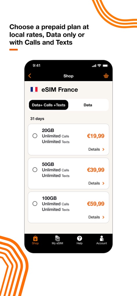 Orange Travel: Prepaid eSIM - L'application permet aux utilisateurs de sélectionner des forfaits adaptés à leurs besoins, offrant des options de données, appels et SMS inclus ou des plans uniquement data avec des tarifs transparents et compétitifs.