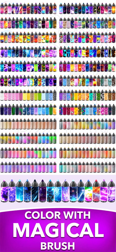 PONY Coloring Pages for Girls - La aplicación presenta una vasta colección de pinceles con patrones únicos y degradados multicolores, permitiendo a los usuarios una personalización creativa inigualable para sus obras.