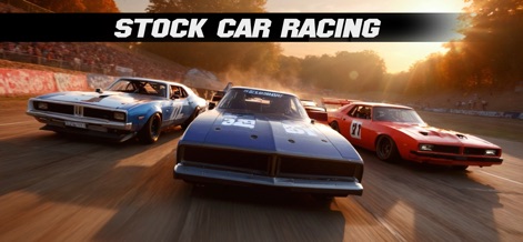 Stock Car Racing - The app features a stunning array of classic stock cars, set against a beautiful outdoor track backdrop, inviting users to explore its extensive vehicle collection.