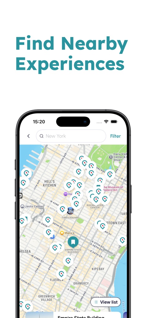 Go City -Travel Plan & Tickets - The app features an intuitive Map View to locate nearby attractions using pin icons, complemented by a search bar for specific locations such as New York.
