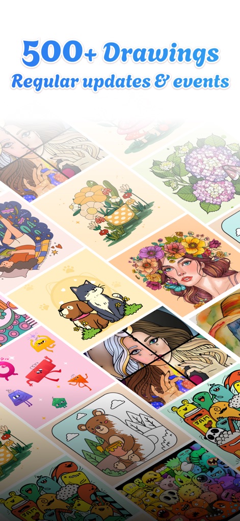 Corly: Color Picker Relax - A ferramenta oferece uma biblioteca extensa, apresentada em um mosaico de ilustrações concluídas e incompletas, demonstrando a diversidade de estilos disponíveis para colorir.