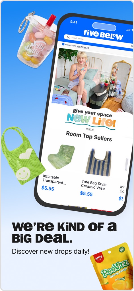 Five Below - The app guides users through current must-haves, prominently displaying 'Room Top Sellers' and visually showcasing diverse items such as the 'Inflatable Transparent...' and 'Tote Bag Style Ceramic Vase'.