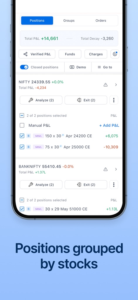 Sensibull for Options Trading - Die Anwendung gruppiert alle offenen Positionen übersichtlich nach Aktien wie NIFTY und BANKNIFTY, wodurch der aktuelle Gewinn und Verlust (P&L) sofort erkennbar ist.