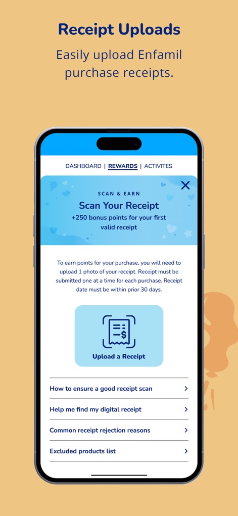 Enfamil: Baby Rewards Tracker® - Users can conveniently upload purchase receipts to earn bonus points, with a clear interface guiding the scanning process and confirming points accumulation.