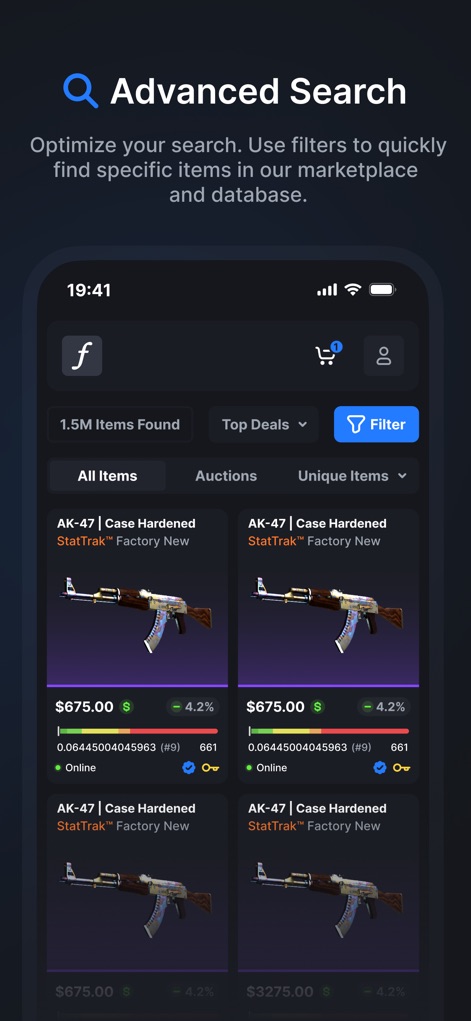 CSFloat - Questo strumento consente di affinare rapidamente la ricerca di articoli specifici, come dimostrato dalla sezione "1.5M Items Found" e dall'uso del pulsante "Filter" per trovare le migliori occasioni tra milioni di skin.
