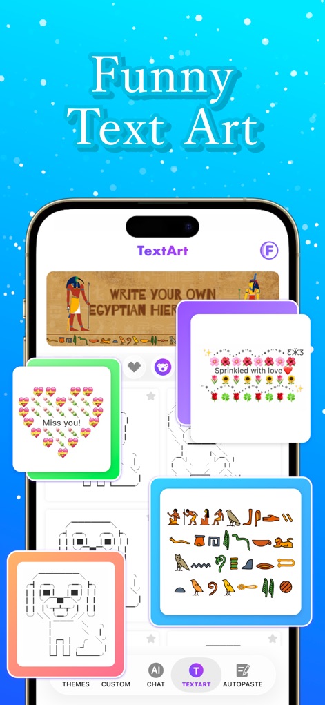 ViVi Keyboard: Theme & Chatbot - Découvrez une gamme variée d'arts textuels, des hiéroglyphes égyptiens aux émoticônes en forme de cœur, que les utilisateurs peuvent créer et partager directement depuis l'onglet "TextArt".