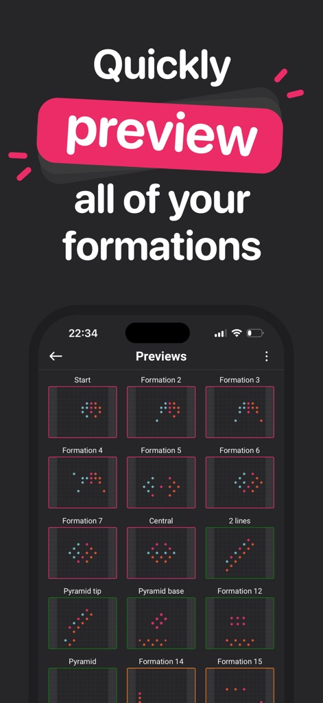 ArrangeUs - Rapidly review all choreographic sequences, as demonstrated by the grid of "Previews" displaying "Formation 1" through "Formation 15" thumbnails.