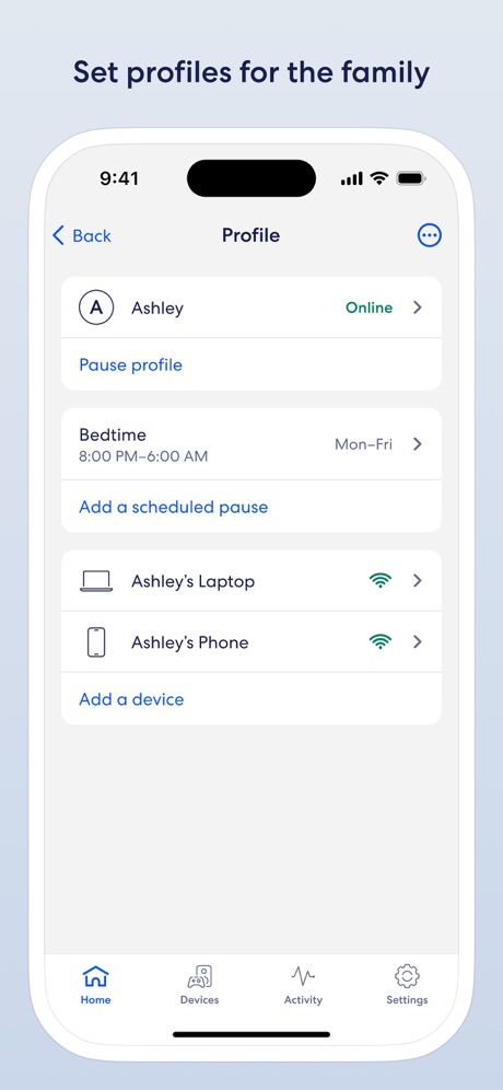 eero wifi system App Store screenshot 2, headline “Set profiles for the family”. Names its audience.