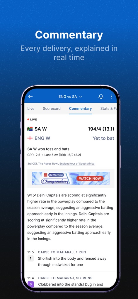 ESPNcricinfo - Cricket Scores - The app delivers insightful real-time commentary for every delivery, offering users detailed textual updates and contextual analysis as the match unfolds.
