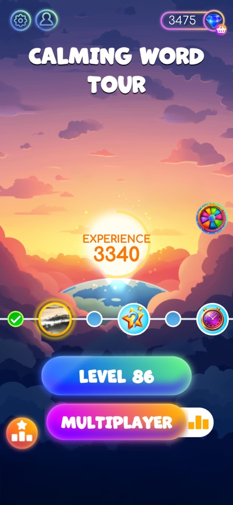 Calming Word Tour - La pantalla de inicio da la bienvenida a los usuarios, mostrando el distintivo título "Calming Word Tour" y un claro botón "Multiplayer" para unirse a otros jugadores.