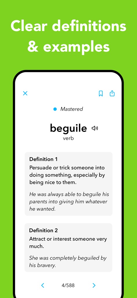 WordPal - Vocabulary Builder - Discover the app's approach to learning, showcasing multiple definitions for words and illustrative example sentences for context.