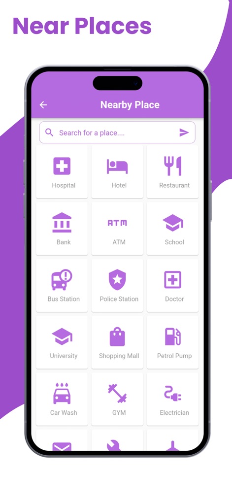 Live Satellite View & GPS Maps - Users can effortlessly find essential 'Nearby Places' such as 'Hospitals' and 'Restaurants' through a clearly categorized grid interface.
