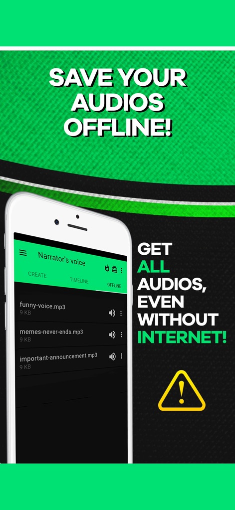 Narrator's Voice - 사용자는 생성된 오디오를 '오프라인'으로 저장할 수 있어 인터넷 연결 없이도 접근 가능하며, '저장된 파일 목록'에서 언제든지 파일을 관리할 수 있습니다.