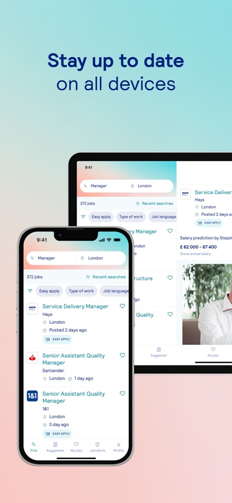 Totaljobs - UK Job Search App - The app offers a seamless multi-device experience, presenting a consistent job search interface on both mobile and tablet, with adaptable layouts showing additional details like salary predictions.