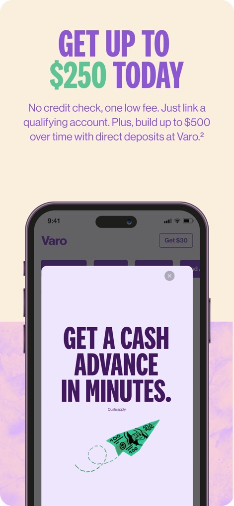 Varo Bank: Online Banking - Discover the streamlined process for cash advances, highlighted by the 'Get a cash advance in minutes' prompt and the illustrative paper airplane icon.