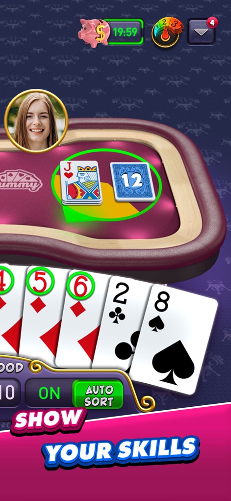 Gin Rummy Plus - Fun Card Game - Observe the clear card layout with a visible discard pile and the helpful 'Auto Sort' feature for easy hand management during gameplay.