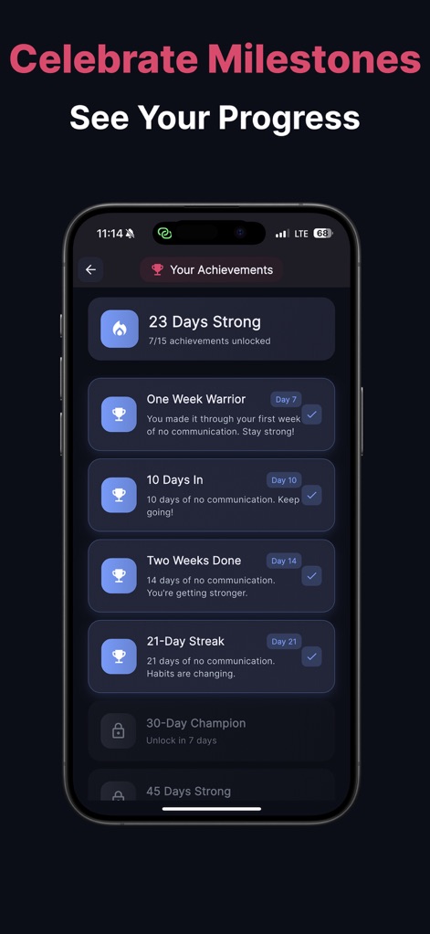 NoContact: Breakup Tracker - Users can explore the "Your Achievements" section, where earned badges and completed no-contact streaks provide visible motivation.