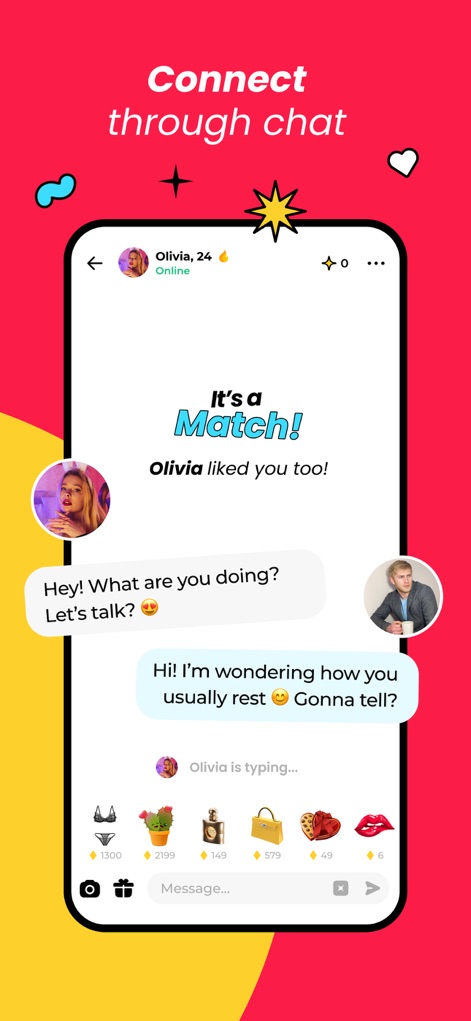 Once: Perfect Match Dating App - The chat interface facilitates conversation with message bubbles and "It's a Match!" confirmation, alongside options to send digital "gifts" represented by various icons.