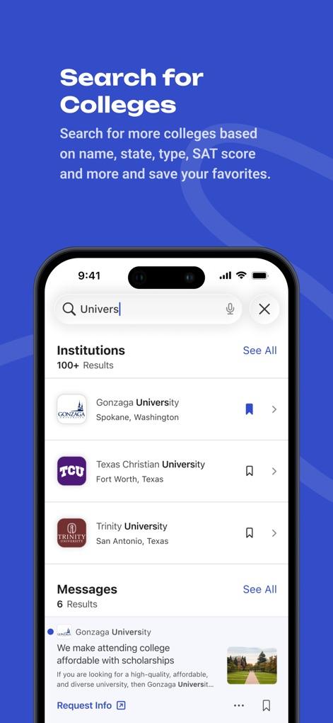 BigFuture School - The app provides a powerful search function for institutions, displaying 'Institutions' results and relevant 'Messages' from colleges directly.