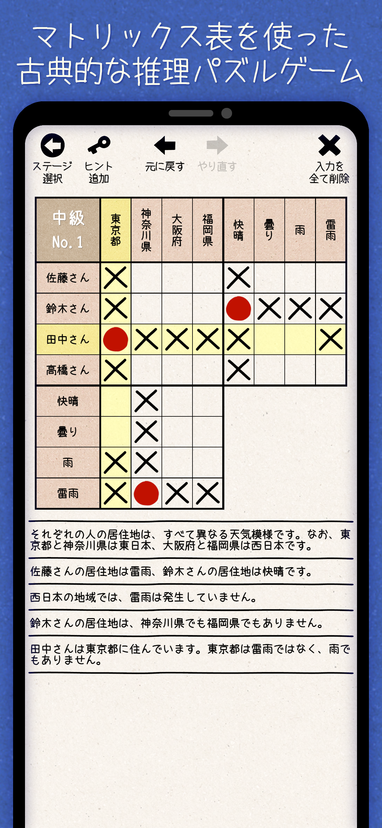 日本語の推理ロジックゲーム『マトリックス論理パズル』