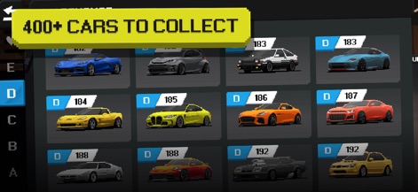 APEX Racer - ユーザーは、ハッチバックから高性能スポーツカーまで、400種類以上の車が並ぶコレクション画面から、お気に入りの一台を選び、その多様なデザインを閲覧できます。