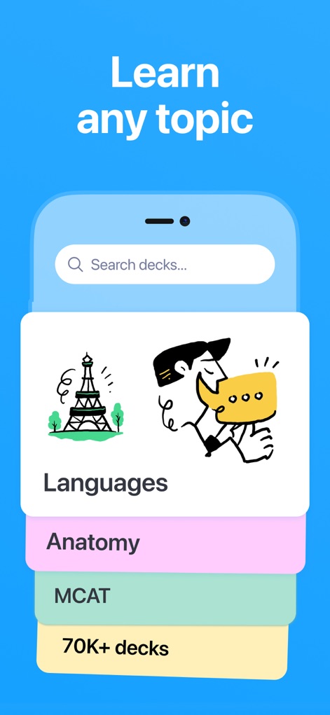 Cogni: Flashcards Learning - La aplicación ofrece una vasta biblioteca de mazos prefabricados, destacando categorías como "Languages" con el icónico dibujo de la Torre Eiffel. Los usuarios pueden explorar más de "70K+ decks" para encontrar contenido relevante en diversos campos de estudio.