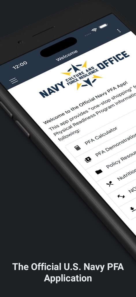 Official Navy PFA - L'application offre un aperçu immédiat des fonctionnalités essentielles, telles que le "Calculateur PFA" et l'accès aux "Ressources Nutritionnelles", guidant les marins dès le premier contact.