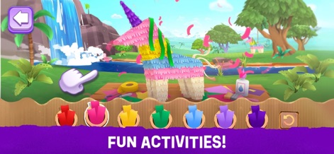 Dora: Explore and Play! - 이 앱은 사용자가 다채로운 종이 조각으로 피냐타를 장식하는 창의적인 활동을 제공하며, 배경의 시원한 폭포와 푸른 식물들이 몰입감을 높입니다.