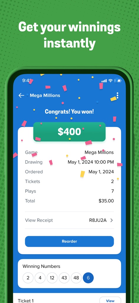 Jackpocket Lottery App - Celebrate immediate success with a prominent 'Congratulations! You won!' message, and review game details alongside the exact 'Winning Numbers' for clarity.