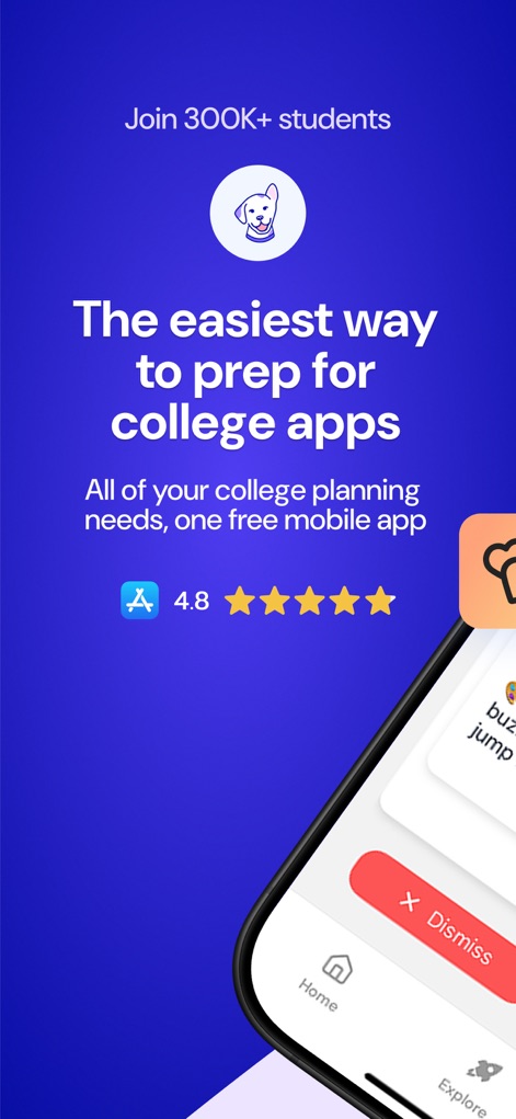 Loper - College Search - This tool introduces its top-rated experience, showcasing its high 4.8-star average and a clear promise of simplified college application preparation.