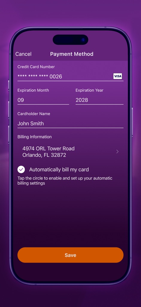 E-PASS Toll App - Users can securely update payment methods by entering card details and setting up automatic billing through a clear checkbox option.