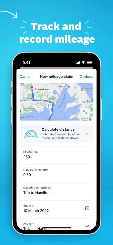 Xero Me - Users can efficiently track mileage using the integrated map interface to visualize routes, while customizable input fields allow for precise recording of kilometres and per-kilometre rates.