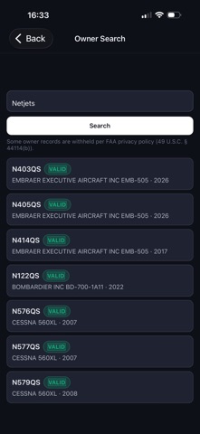 TailNumber: FAA Lookup screenshot