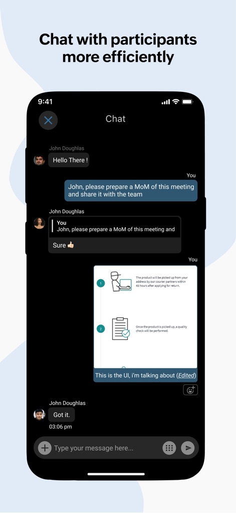 Zoho Meeting - Online Meetings - Cet outil facilite l'échange de messages instantanés avec fluidité et enrichit les discussions grâce au partage d'images directement dans le fil de conversation.