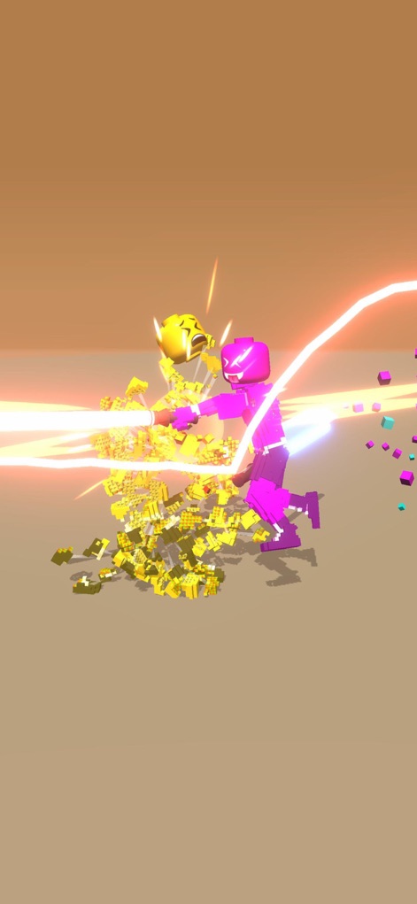 Draw Block Gladiator - Experience the adrenaline of close-quarters combat as the gladiator engages an enemy, showcasing both the bright, energetic visual effects and the satisfying block-shattering destruction upon impact.