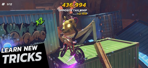 Touchgrind BMX 3: Rivals - This image showcases a high-scoring 'Opposite Tailwhip' trick and the 'LEARN NEW TRICKS' prompt, underlining the app's deep and rewarding trick system.