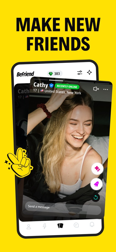 BeFriend - Make new friends - Explore the detailed user profiles, such as Cathy's, providing insights into their age and location, alongside a clear "Send a message" prompt.