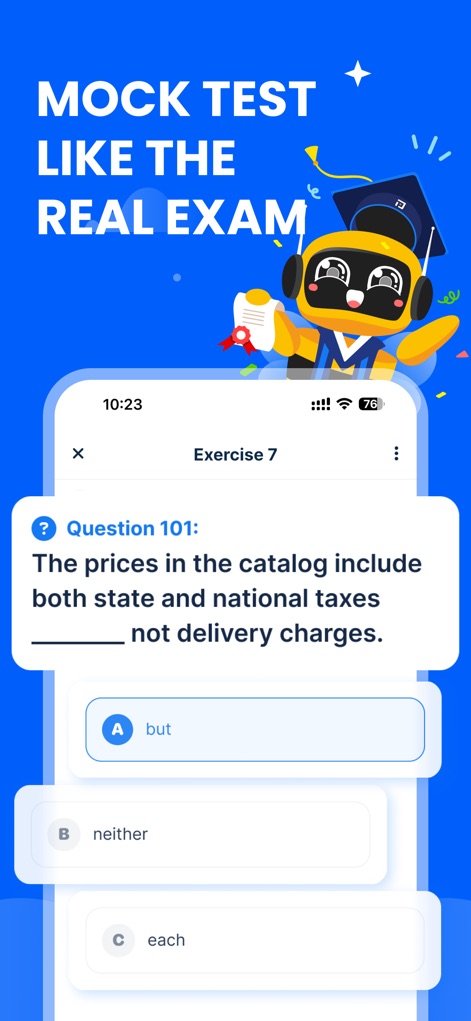 Prep-Smart learning& test prep - Questo strumento propone domande in formato esame, evidente dalla 'Question 101' di riempimento, e opzioni di risposta multiple chiare per abituare gli utenti al formato delle prove ufficiali.
