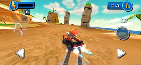 Boom Karts Multiplayer Racing - O aplicativo transporta os jogadores para uma pista vibrante, onde é possível observar as icónicas estátuas Moai no cenário e o impressionante rastro de aceleração do kart, indicando um momento de impulso.
