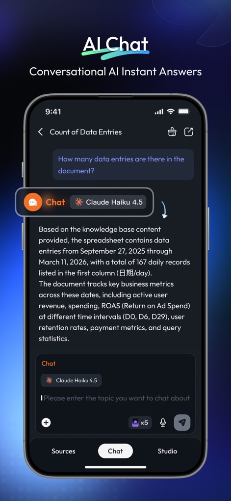 Skywork - O recurso "AI Chat" é apresentado, exibindo uma conversa onde o usuário questiona "How many data entries are there in the document?" e o modelo Claude Haiku 4.5 oferece uma resposta detalhada sobre o conteúdo da planilha e métricas de negócios.