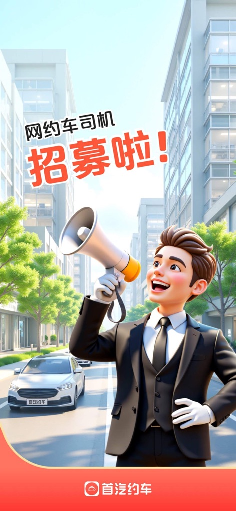 首汽约车司机端-专车车主招募 - The app showcases its recruitment drive with a vibrant announcement figure and sleek city street graphics, inviting new drivers.