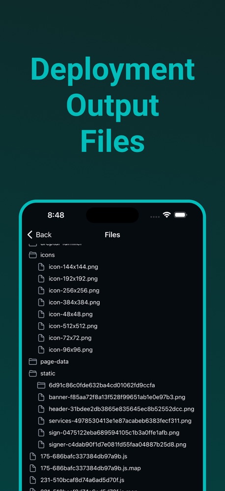 Dashify for Netlify.com App Store screenshot 3, headline “Deployment Output Files”. Phone cut off at the foot.