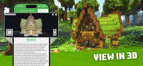 House building for Minecraft - Die App bietet eine interaktive 3D-Vorschau für Strukturen wie das "Wood Elven House", wodurch Nutzer die detaillierte Architektur und das Design vor dem Bau umfassend begutachten können.