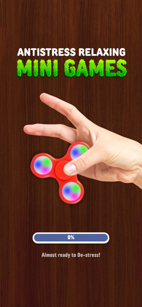 Antistress: Relaxing Mini Game - The app initiates relaxation with a vibrant fidget spinner and a reassuring "Almost ready to De-stress!" message, setting the mood for calming play.
