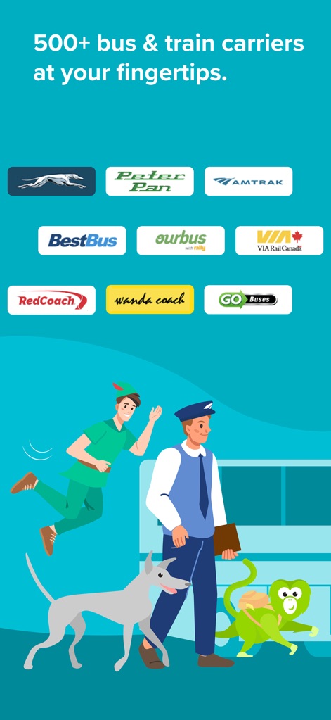 Wanderu: Bus & Train Tickets - 主要なバス・鉄道会社のロゴが多数表示されており、ユーザーは「500以上」の提携キャリアから最適な交通手段を見つけることができます。