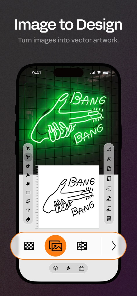 Linearity Curve Graphic Design - 이 앱은 실생활의 네온사인 이미지를 깔끔한 벡터 아트로 즉시 변환하며, 화면 하단의 자동 추적 기능 아이콘을 활용하여 원본 이미지를 편집 가능한 벡터 경로로 손쉽게 바꿀 수 있도록 돕습니다.