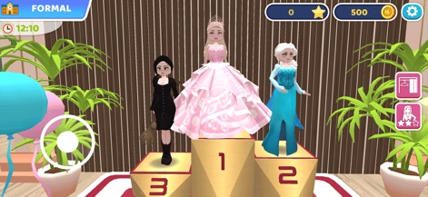 Fashion Impress: Dress Up Game - Users can see their avatars celebrated on a victory podium, adorned in various formalwear outfits after successfully completing fashion challenges.