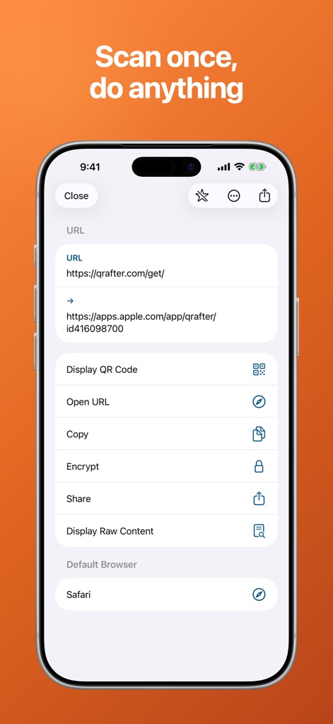 Qrafter: QR Code Reader - Observe how the app intelligently parses scanned URLs and offers immediate actions, such as encrypting content or opening links directly in a user-selected browser.