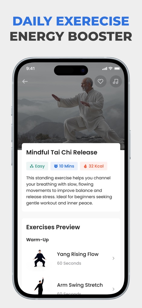 Tai Chi for Beginners Seniors - Cada ejercicio incluye una descripción clara, indicando la duración y las calorías aproximadas, además de ofrecer una vista previa de los movimientos como el 'Yang Rising Flow'.